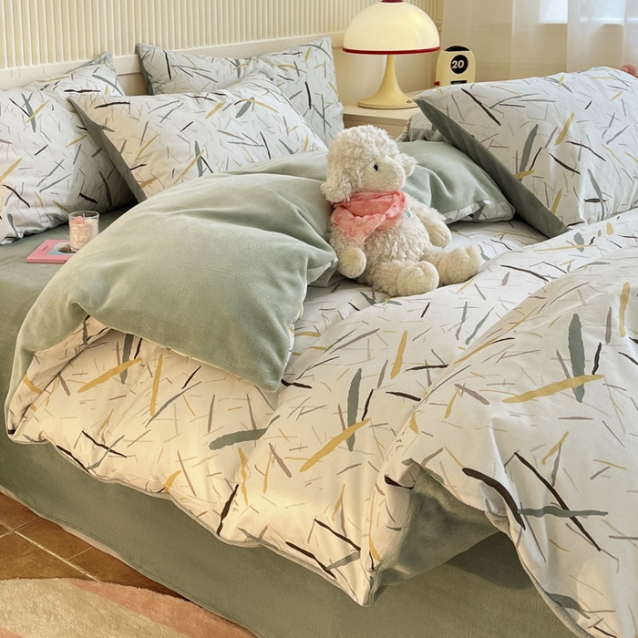 91家纺网 家纺一手货源 找家纺 晨希家居 2025A面40支全棉印花B版高克重牛奶绒棉加绒多规格套件棉加绒  浅叶竹风