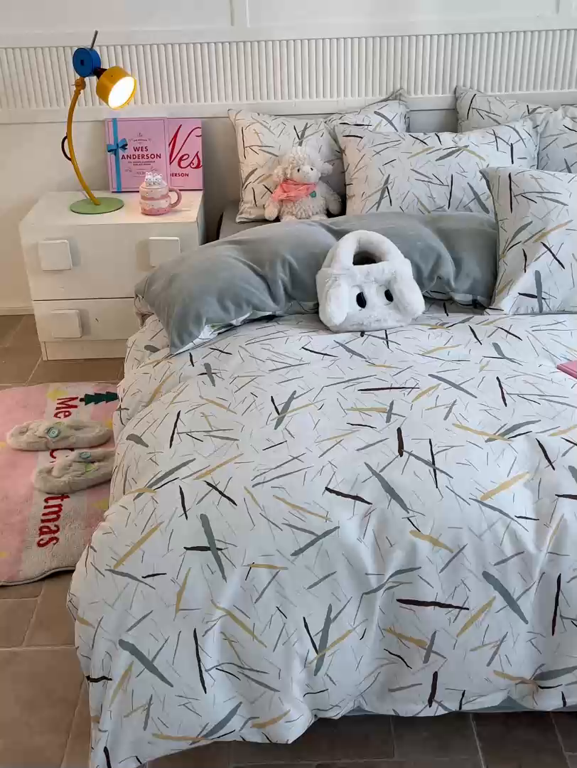 91家纺网 家纺一手货源 找家纺 晨希家居 2025A面40支全棉印花B版高克重牛奶绒棉加绒多规格套件棉加绒  浅叶竹风