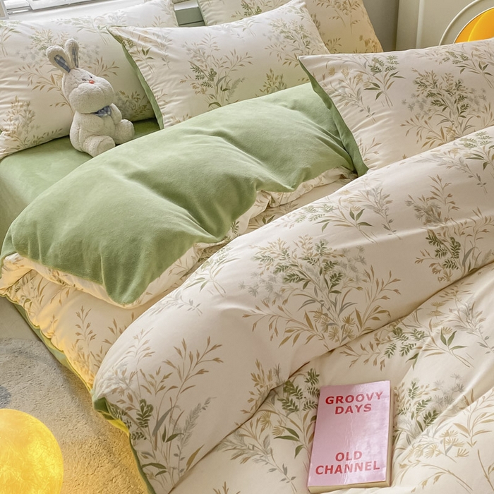 91家纺网 家纺一手货源 找家纺 晨希家居 2025A面40支全棉印花B版高克重牛奶绒棉加绒多规格套件棉加绒  仙草