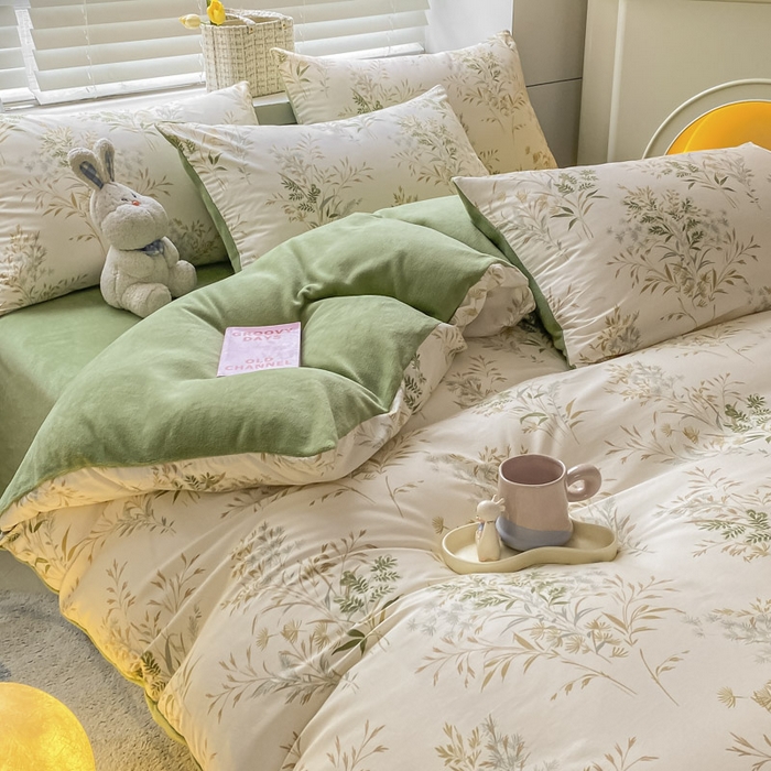 91家纺网 家纺一手货源 找家纺 晨希家居 2025A面40支全棉印花B版高克重牛奶绒棉加绒多规格套件棉加绒  仙草