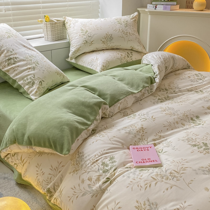 91家纺网 家纺一手货源 找家纺 晨希家居 2025A面40支全棉印花B版高克重牛奶绒棉加绒多规格套件棉加绒  仙草