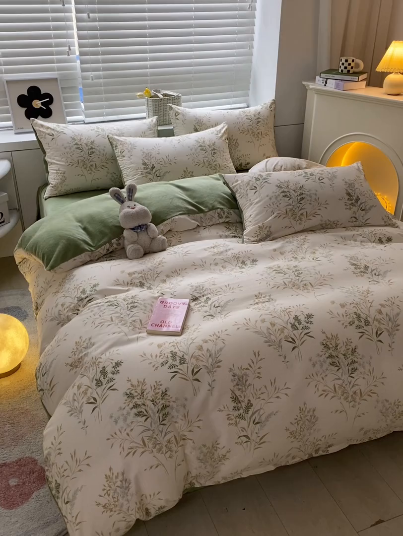 91家纺网 家纺一手货源 找家纺 晨希家居 2025A面40支全棉印花B版高克重牛奶绒棉加绒多规格套件棉加绒  仙草