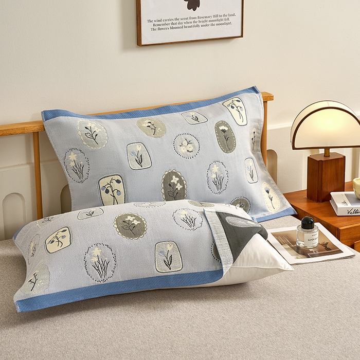 棠薇家纺 2025新款精梳棉六层纱单枕巾 枕巾单件 诗意蓝