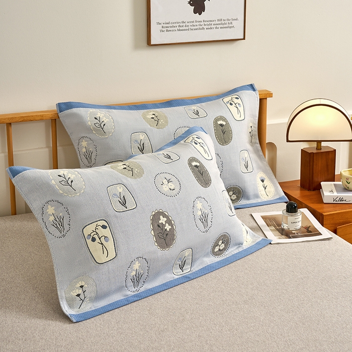 91家纺网 家纺一手货源 找家纺 棠薇家纺 2025新款精梳棉六层纱单枕巾 枕巾单件 诗意蓝