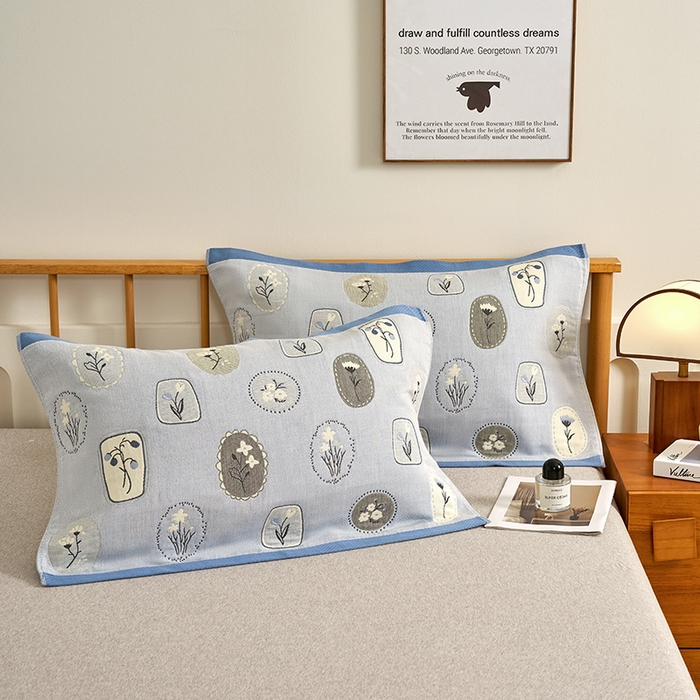 91家纺网 家纺一手货源 找家纺 棠薇家纺 2025新款精梳棉六层纱单枕巾 枕巾单件 诗意蓝