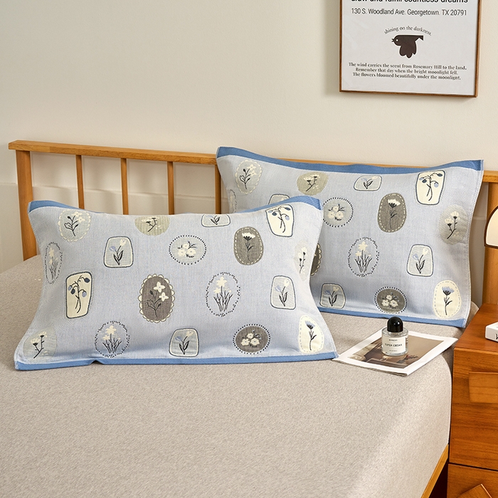 91家纺网 家纺一手货源 找家纺 棠薇家纺 2025新款精梳棉六层纱单枕巾 枕巾单件 诗意蓝