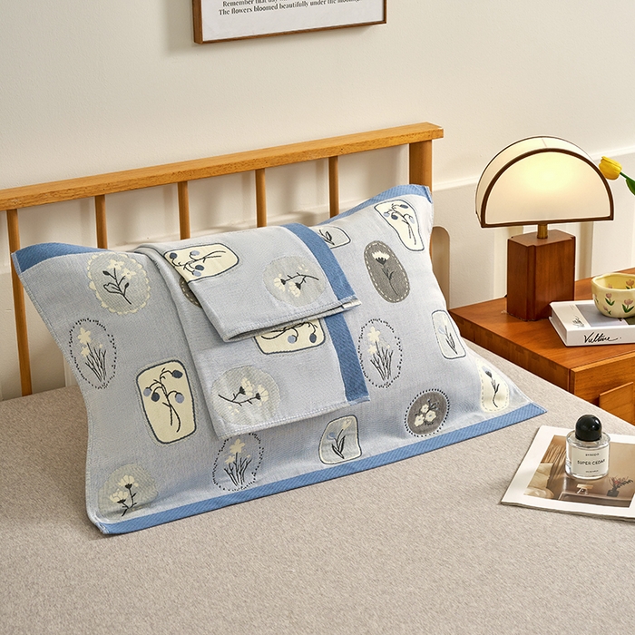 91家纺网 家纺一手货源 找家纺 棠薇家纺 2025新款精梳棉六层纱单枕巾 枕巾单件 诗意蓝