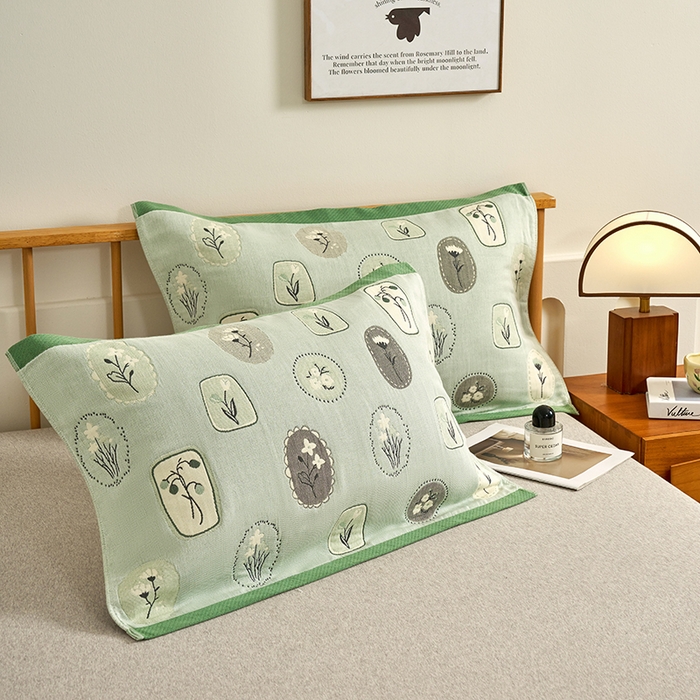 91家纺网 家纺一手货源 找家纺 棠薇家纺 2025新款精梳棉六层纱单枕巾 枕巾单件 诗意绿