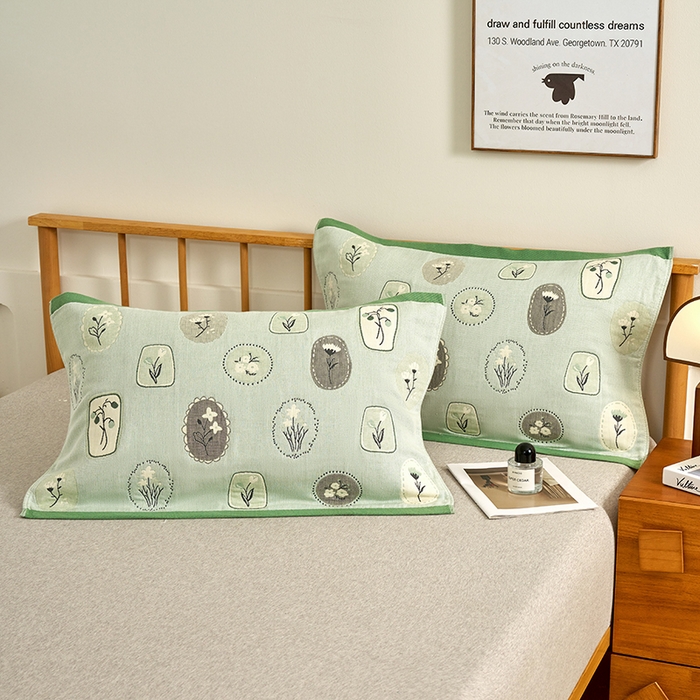 91家纺网 家纺一手货源 找家纺 棠薇家纺 2025新款精梳棉六层纱单枕巾 枕巾单件 诗意绿