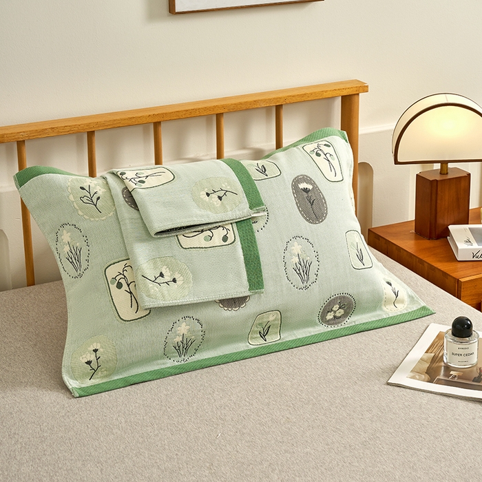 91家纺网 家纺一手货源 找家纺 棠薇家纺 2025新款精梳棉六层纱单枕巾 枕巾单件 诗意绿