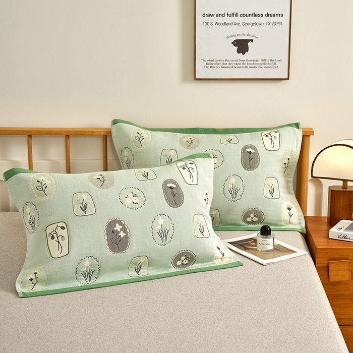 91家纺网 家纺一手货源 找家纺 棠薇家纺 2025新款精梳棉六层纱单枕巾 枕巾单件 诗意绿