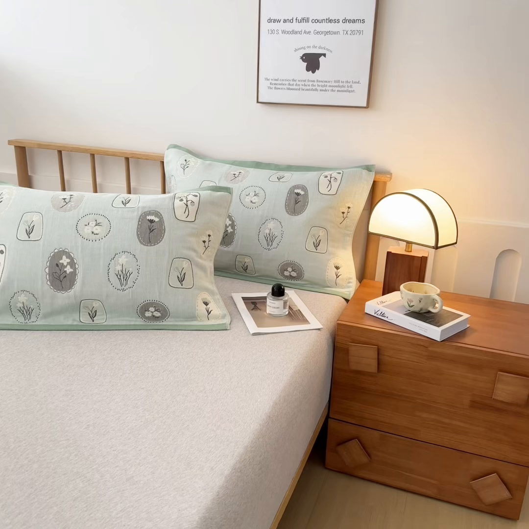 91家纺网 家纺一手货源 找家纺 棠薇家纺 2025新款精梳棉六层纱单枕巾 枕巾单件 诗意绿