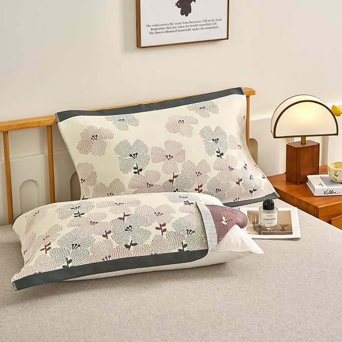 棠薇家纺 2025新款精梳棉六层纱单枕巾 枕巾单件 勿忘我灰边