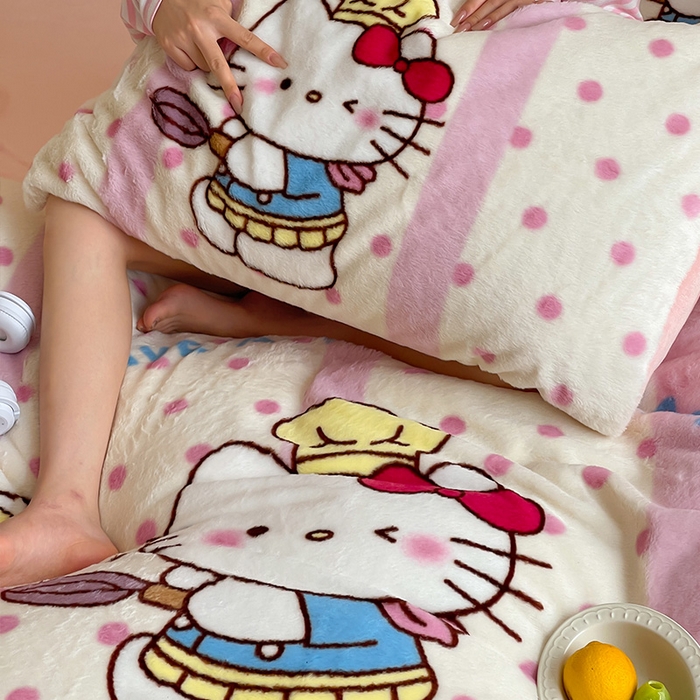 91家纺网 家纺一手货源 找家纺 安哆啦家纺 2025新款兔毛绒大版卡通牛奶绒兔兔绒印花四件套 烹饪猫