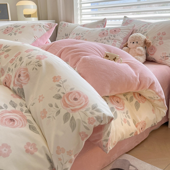 91家纺网 家纺一手货源 找家纺 晨希家居 2025A面40支全棉印花B版高克重牛奶绒棉加绒多规格套件棉加绒-花韵天姿