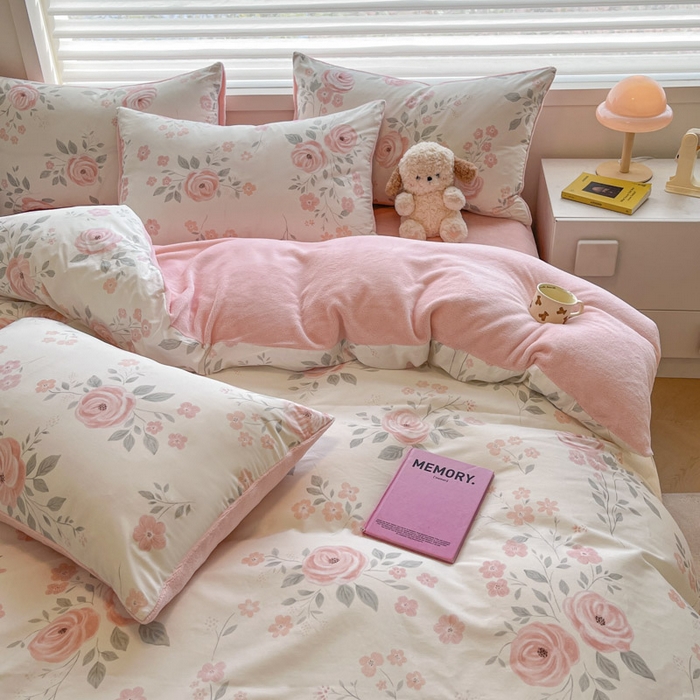 91家纺网 家纺一手货源 找家纺 晨希家居 2025A面40支全棉印花B版高克重牛奶绒棉加绒多规格套件棉加绒-花韵天姿