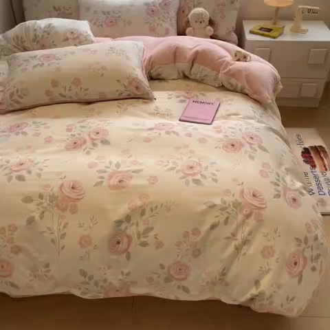 91家纺网 家纺一手货源 找家纺 晨希家居 2025A面40支全棉印花B版高克重牛奶绒棉加绒多规格套件棉加绒-花韵天姿