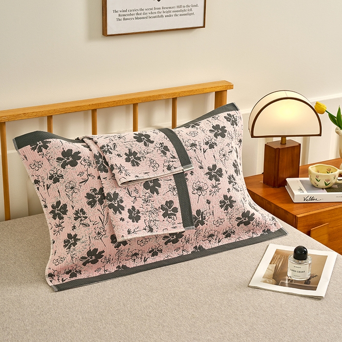 91家纺网 家纺一手货源 找家纺 棠薇家纺 2025新款精梳棉六层纱单枕巾 枕巾单件 夕颜粉