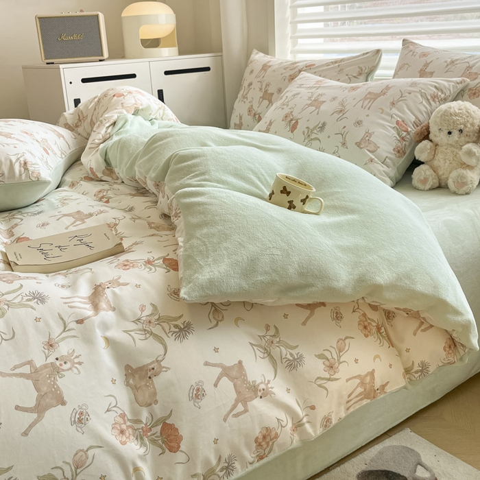 91家纺网 家纺一手货源 找家纺 晨希家居 2025A面40支全棉印花B版高克重牛奶绒棉加绒多规格套件棉加绒-灵鹿