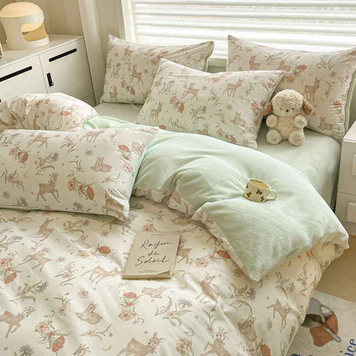 91家纺网 家纺一手货源 找家纺 晨希家居 2025A面40支全棉印花B版高克重牛奶绒棉加绒多规格套件棉加绒-灵鹿