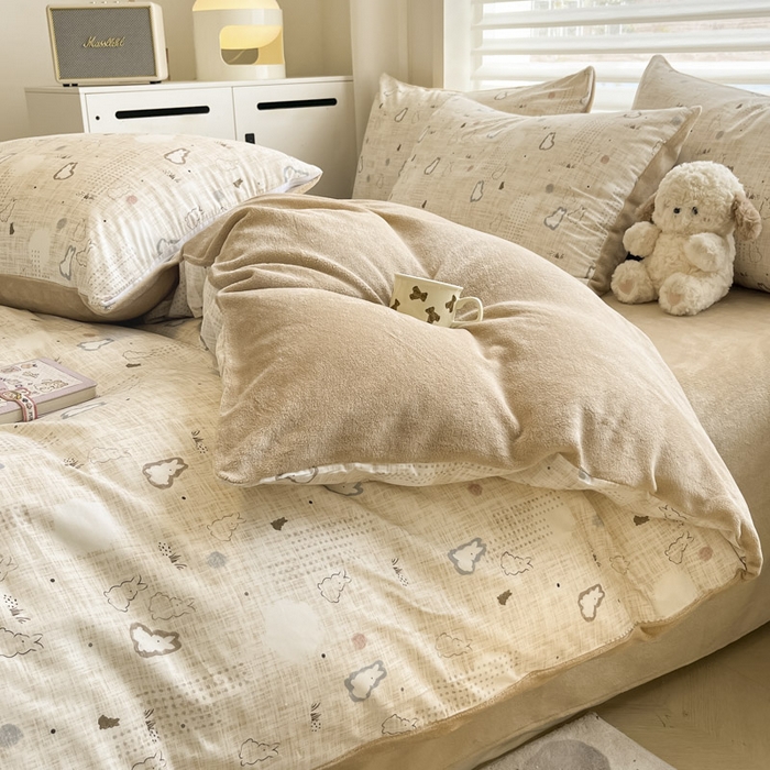 91家纺网 家纺一手货源 找家纺 晨希家居 2025A面40支全棉印花B版高克重牛奶绒棉加绒多规格套件棉加绒-棉野云兔