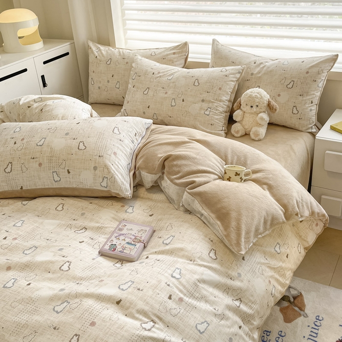 91家纺网 家纺一手货源 找家纺 晨希家居 2025A面40支全棉印花B版高克重牛奶绒棉加绒多规格套件棉加绒-棉野云兔