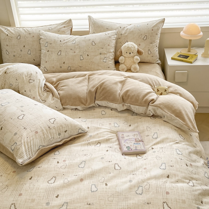 91家纺网 家纺一手货源 找家纺 晨希家居 2025A面40支全棉印花B版高克重牛奶绒棉加绒多规格套件棉加绒-棉野云兔