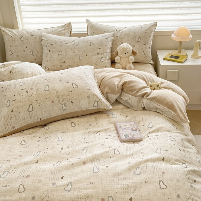 91家纺网 家纺一手货源 找家纺 晨希家居 2025A面40支全棉印花B版高克重牛奶绒棉加绒多规格套件棉加绒-棉野云兔