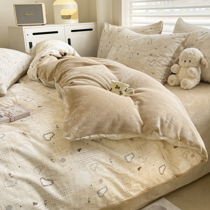 91家纺网 家纺一手货源 找家纺 晨希家居 2025A面40支全棉印花B版高克重牛奶绒棉加绒多规格套件棉加绒-棉野云兔