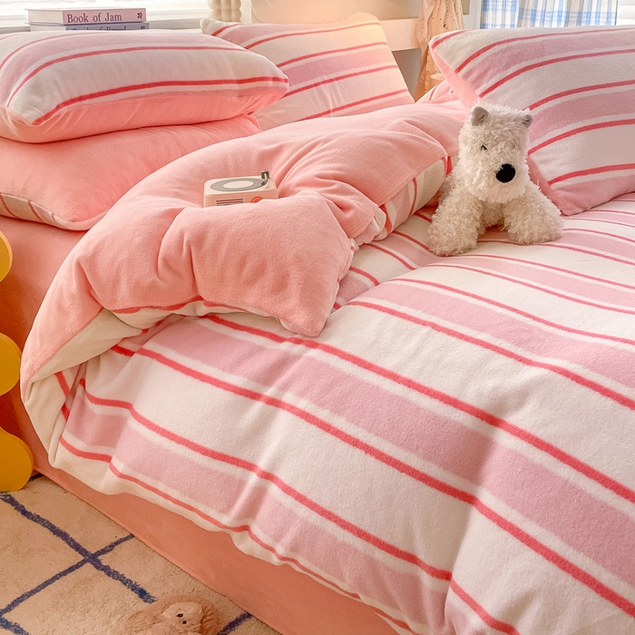 雅居纺家纺 2025新款高克重牛奶绒印花单被套 粉色竖条