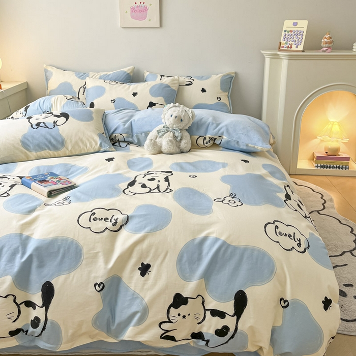 91家纺网 家纺一手货源 找家纺 晨希家居 2025A面40支全棉印花B版高克重牛奶绒棉加绒多规格套件棉加绒-奶牛猫