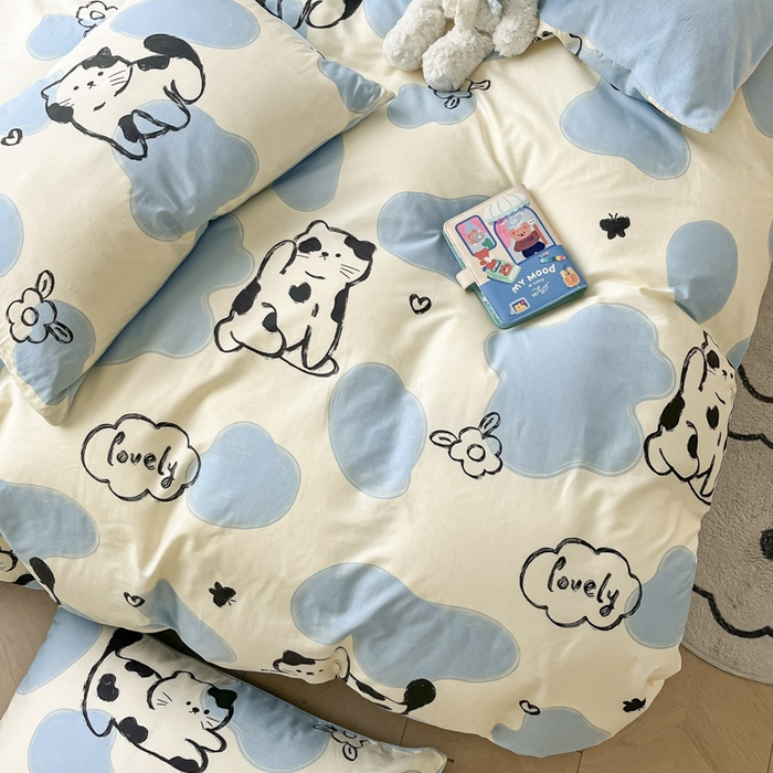 91家纺网 家纺一手货源 找家纺 晨希家居 2025A面40支全棉印花B版高克重牛奶绒棉加绒多规格套件棉加绒-奶牛猫