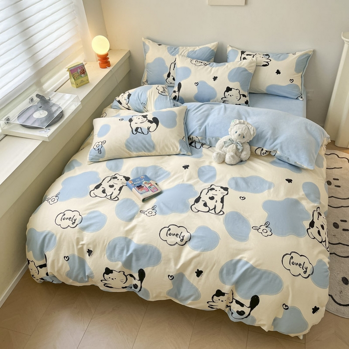 91家纺网 家纺一手货源 找家纺 晨希家居 2025A面40支全棉印花B版高克重牛奶绒棉加绒多规格套件棉加绒-奶牛猫