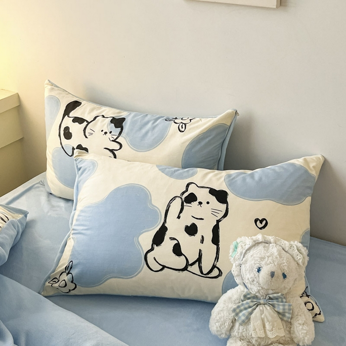 91家纺网 家纺一手货源 找家纺 晨希家居 2025A面40支全棉印花B版高克重牛奶绒棉加绒多规格套件棉加绒-奶牛猫