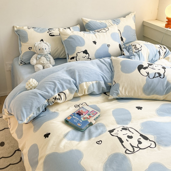 91家纺网 家纺一手货源 找家纺 晨希家居 2025A面40支全棉印花B版高克重牛奶绒棉加绒多规格套件棉加绒-奶牛猫