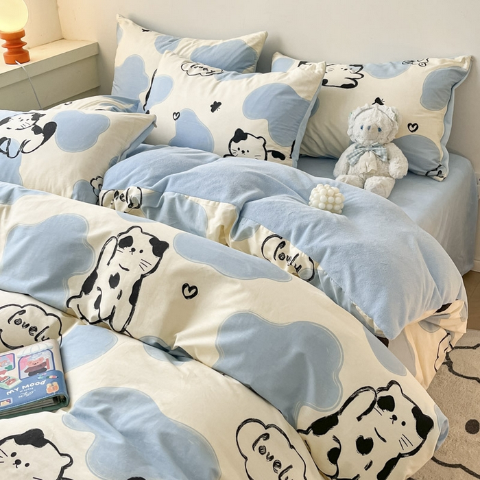 91家纺网 家纺一手货源 找家纺 晨希家居 2025A面40支全棉印花B版高克重牛奶绒棉加绒多规格套件棉加绒-奶牛猫