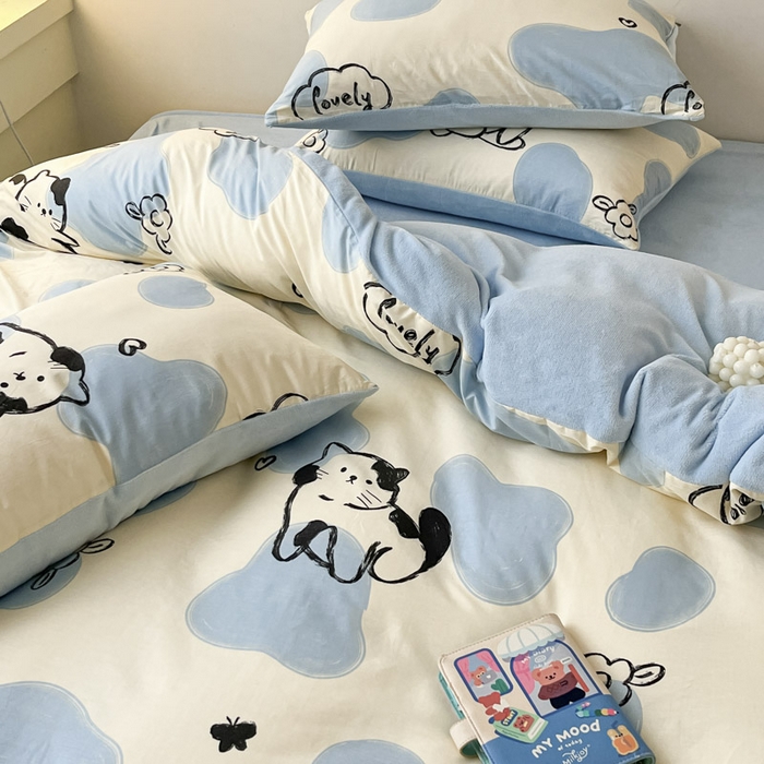 91家纺网 家纺一手货源 找家纺 晨希家居 2025A面40支全棉印花B版高克重牛奶绒棉加绒多规格套件棉加绒-奶牛猫