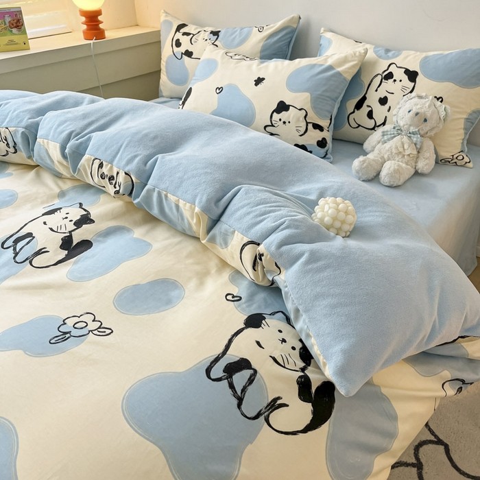 91家纺网 家纺一手货源 找家纺 晨希家居 2025A面40支全棉印花B版高克重牛奶绒棉加绒多规格套件棉加绒-奶牛猫