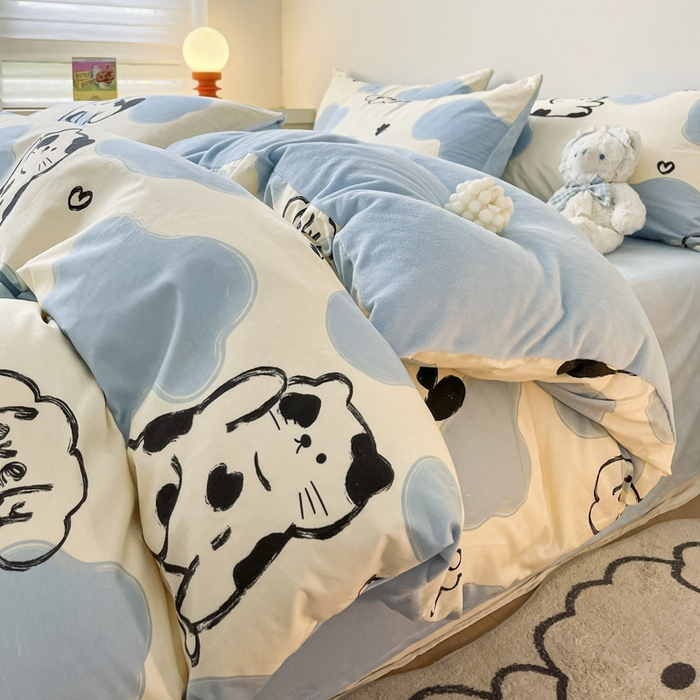 91家纺网 家纺一手货源 找家纺 晨希家居 2025A面40支全棉印花B版高克重牛奶绒棉加绒多规格套件棉加绒-奶牛猫