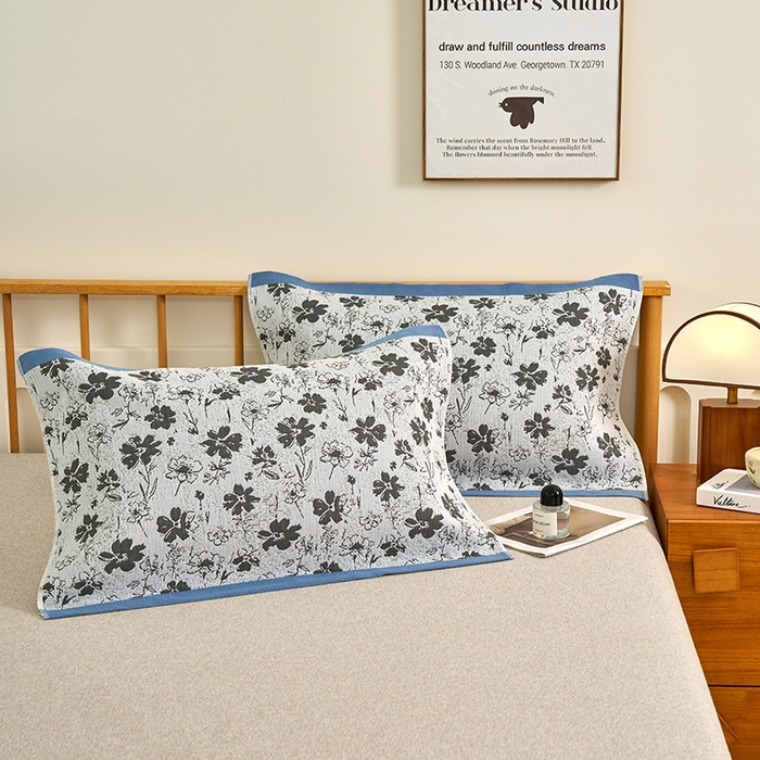 91家纺网 家纺一手货源 找家纺 棠薇家纺 2025新款精梳棉六层纱单枕巾 枕巾单件 夕颜蓝