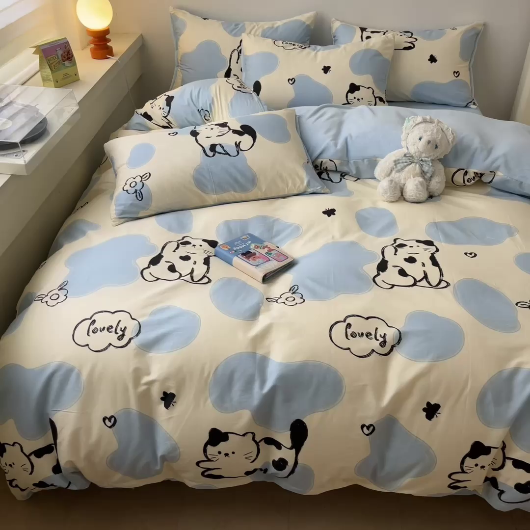 91家纺网 家纺一手货源 找家纺 晨希家居 2025A面40支全棉印花B版高克重牛奶绒棉加绒多规格套件棉加绒-奶牛猫