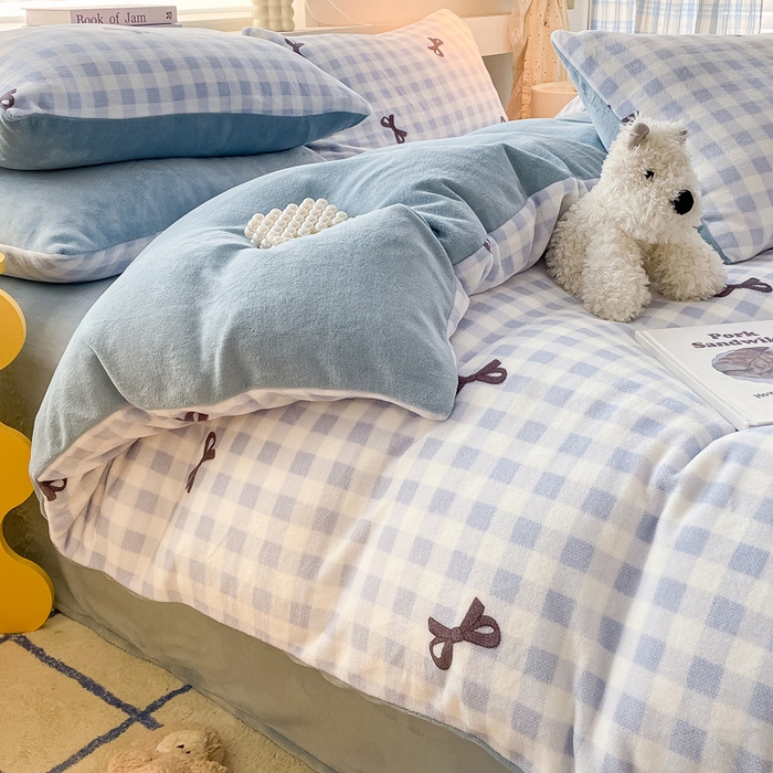 雅居纺家纺 2025新款高克重牛奶绒印花单被套 蝴蝶结-蓝