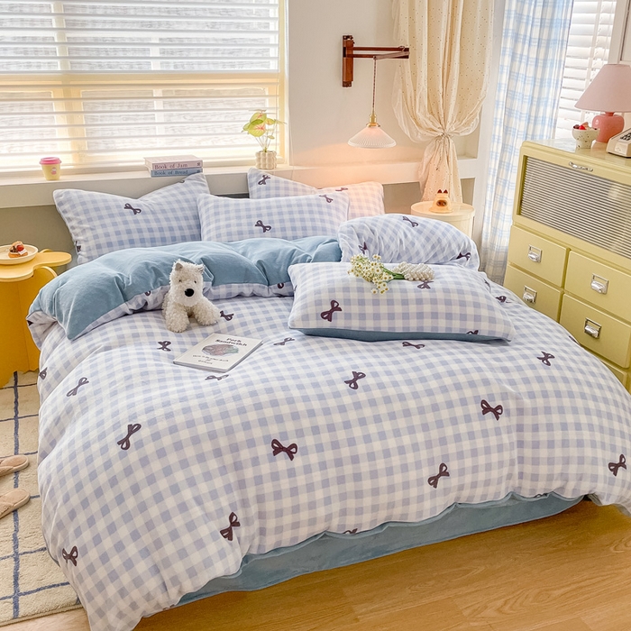 91家纺网 家纺一手货源 找家纺 雅居纺家纺 2025新款高克重牛奶绒印花单被套 蝴蝶结-蓝