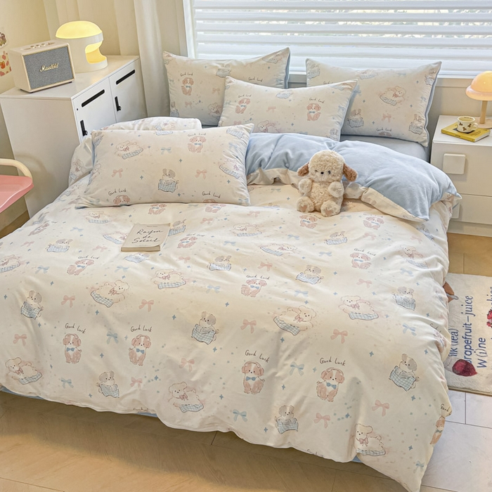 91家纺网 家纺一手货源 找家纺 晨希家居 2025A面40支全棉印花B版高克重牛奶绒棉加绒多规格套件棉加绒-星愿萌犬