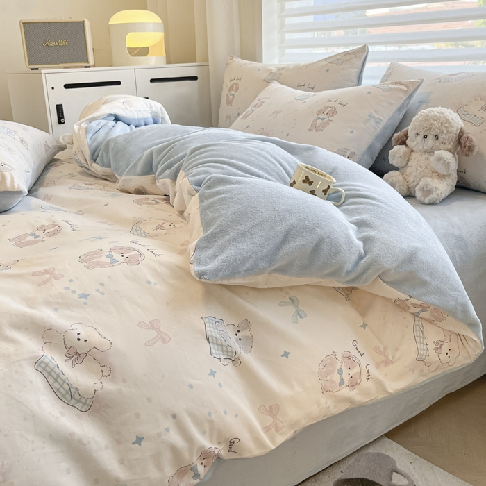 91家纺网 家纺一手货源 找家纺 晨希家居 2025A面40支全棉印花B版高克重牛奶绒棉加绒多规格套件棉加绒-星愿萌犬