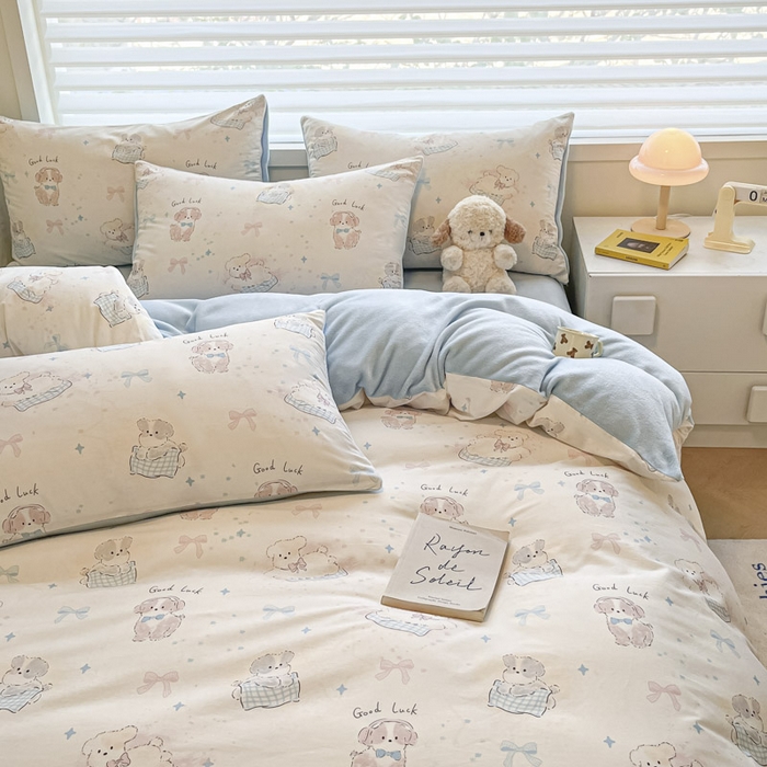 91家纺网 家纺一手货源 找家纺 晨希家居 2025A面40支全棉印花B版高克重牛奶绒棉加绒多规格套件棉加绒-星愿萌犬