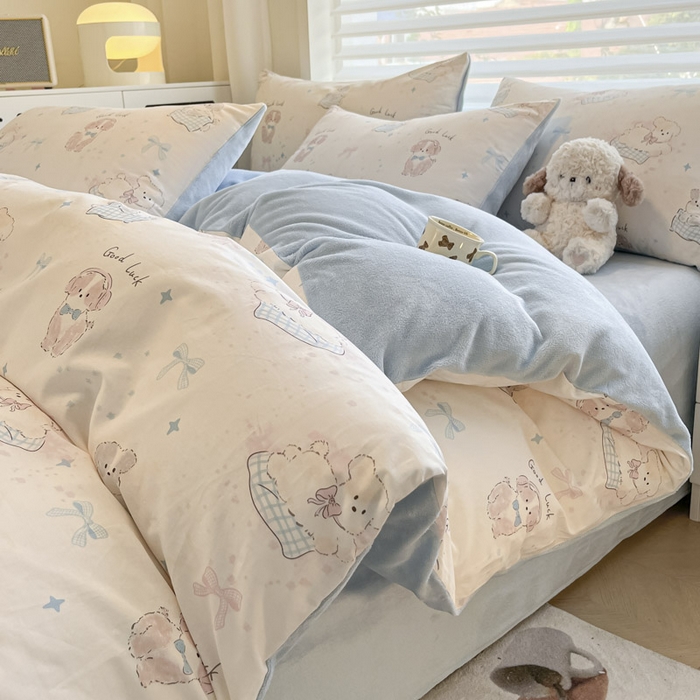 91家纺网 家纺一手货源 找家纺 晨希家居 2025A面40支全棉印花B版高克重牛奶绒棉加绒多规格套件棉加绒-星愿萌犬