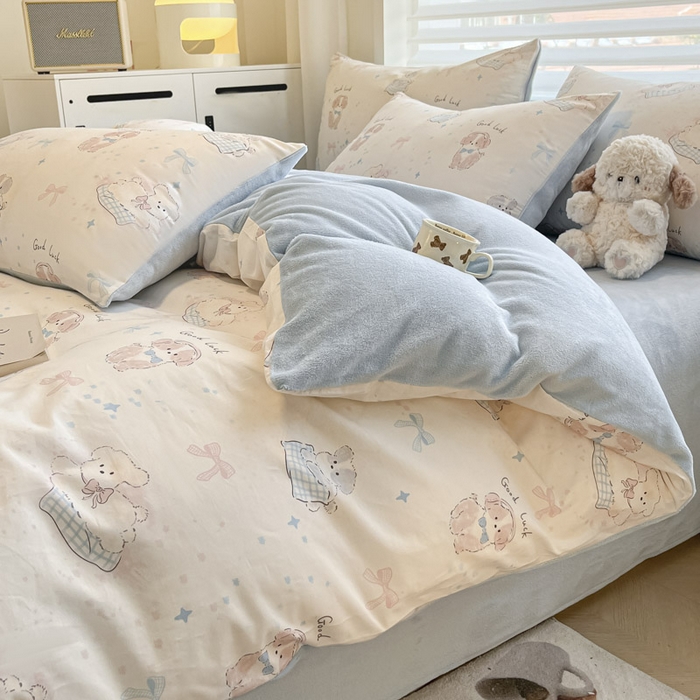 91家纺网 家纺一手货源 找家纺 晨希家居 2025A面40支全棉印花B版高克重牛奶绒棉加绒多规格套件棉加绒-星愿萌犬