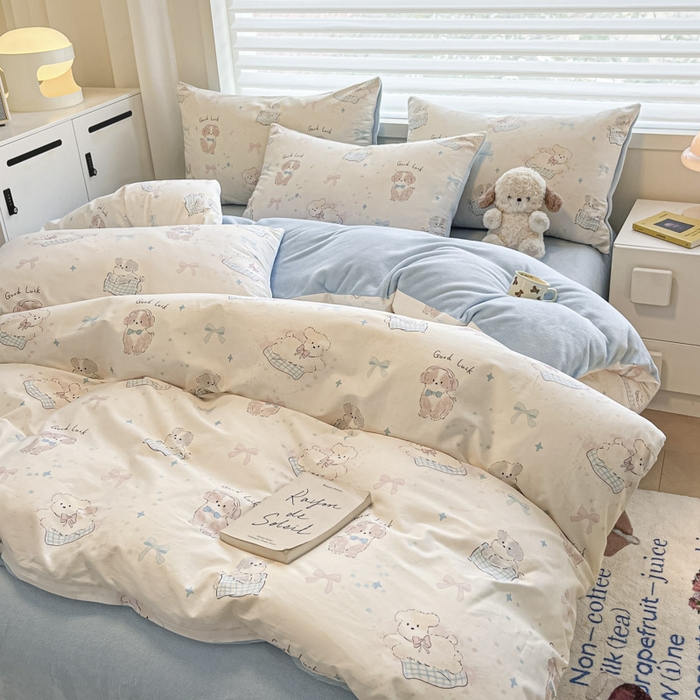 91家纺网 家纺一手货源 找家纺 晨希家居 2025A面40支全棉印花B版高克重牛奶绒棉加绒多规格套件棉加绒-星愿萌犬