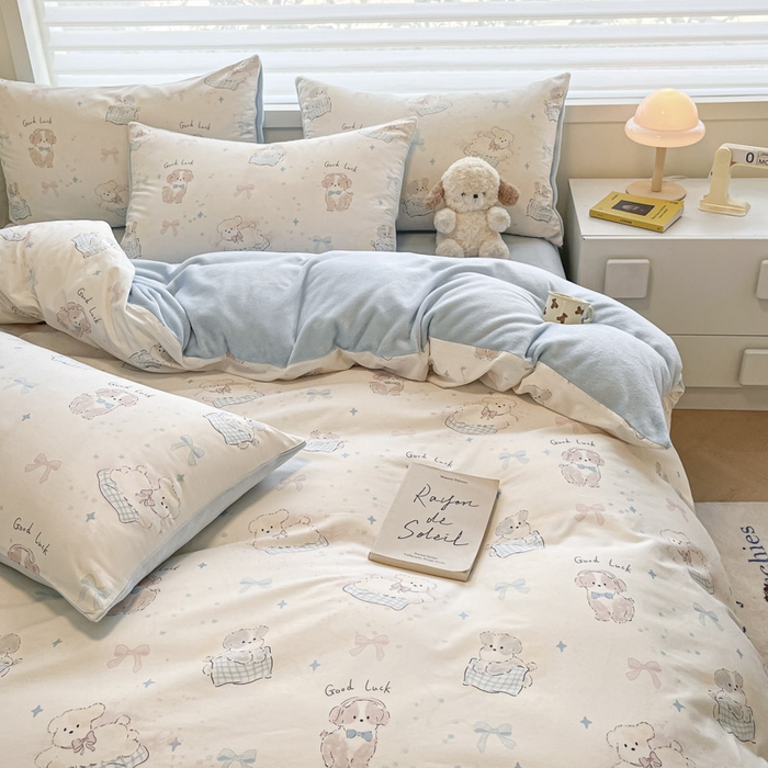 91家纺网 家纺一手货源 找家纺 晨希家居 2025A面40支全棉印花B版高克重牛奶绒棉加绒多规格套件棉加绒-星愿萌犬